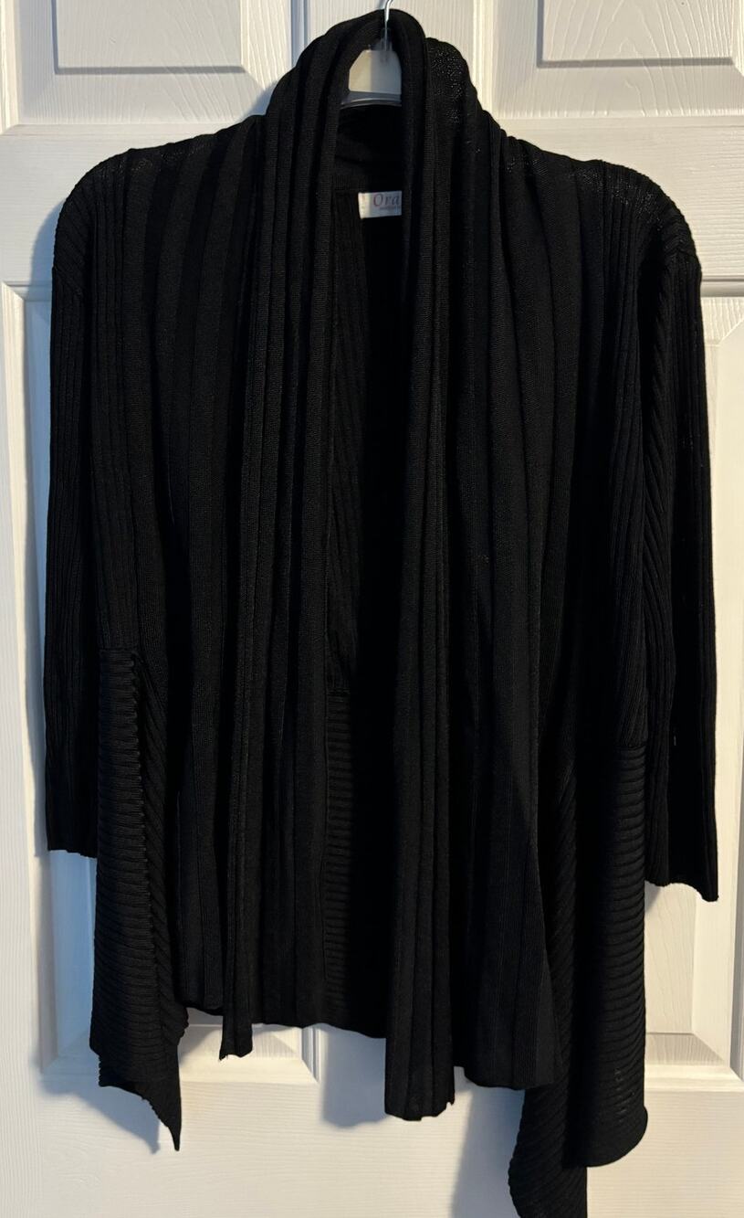 Orange Fashion Village Black Ribbed Knit Cardigan Draped Waterfall Open Front